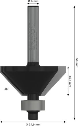 Bosch PRO frēzes uzgalis ar nošķeltumu 45° kāts 6 mm.