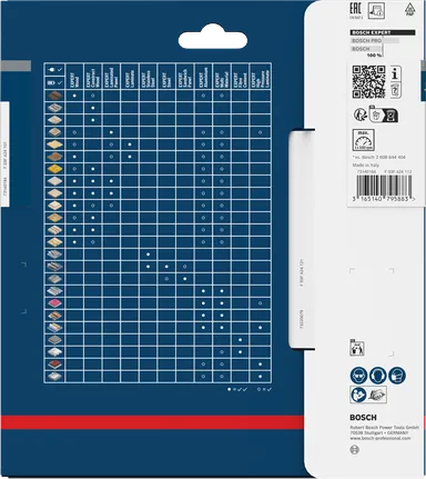 Bosch EXPERT Wood ripzāģa asmens iepakojums ar materiālu saderības tabulu.