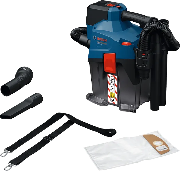 Bosch GAS18V-6LS bezvadu mitrās un sausās tīrīšanas putekļsūcējs ar piederumiem.