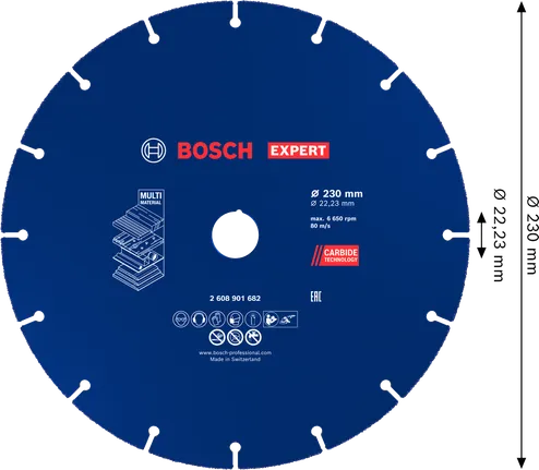 Bosch EXPERT daudzmateriālu karbīda griešanas disks 230 mm.