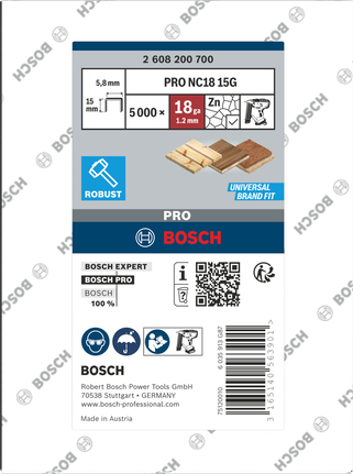 Bosch PRO NC18 šauras vainaga skavas 30G koka apšuvumam.