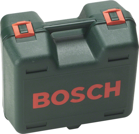 Bosch plastmasas instrumentu kaste ar rokturi un sarkanām aizdarēm.