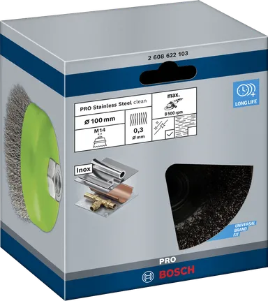 فرشاة كأس من الفولاذ المقاوم للصدأ Bosch PRO مقاس 100 × 0.3 مم.