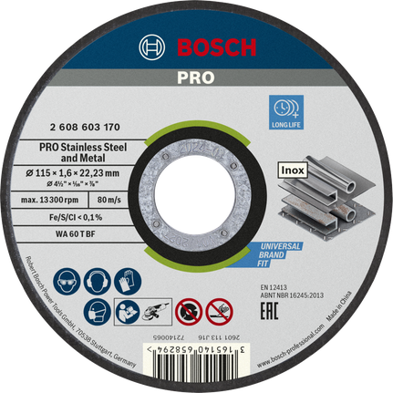 قرص القطع Bosch PRO من الفولاذ المقاوم للصدأ والمعادن، 115 ملم.