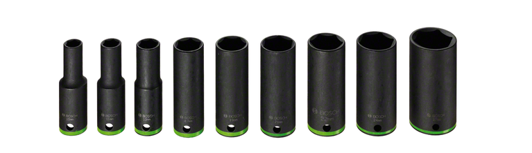 Bosch impact control socket set, durable black design.