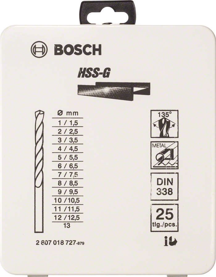 Bosch 25-piece HSS-G metal drill bit set in metal case.