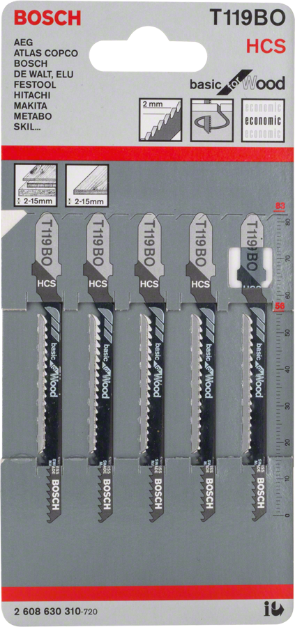 Bosch T 119 BO jigsaw blades for wood, wavy set teeth.