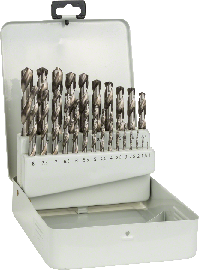 Bosch 25-piece HSS-G metal drill bit set in metal case.