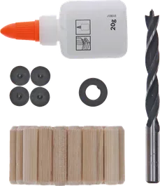 Bosch 27-piece wooden dowel set 10 mm with drill and glue.