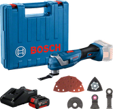 Bosch GOP 185-LI cordless multi-tool kit with accessories.