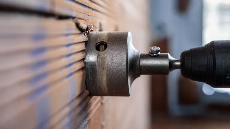 Hole saw drilling into a tiled wall indoors.