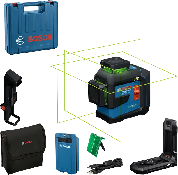 Bosch GLL 80-33 G laser leveling tool with accessories.