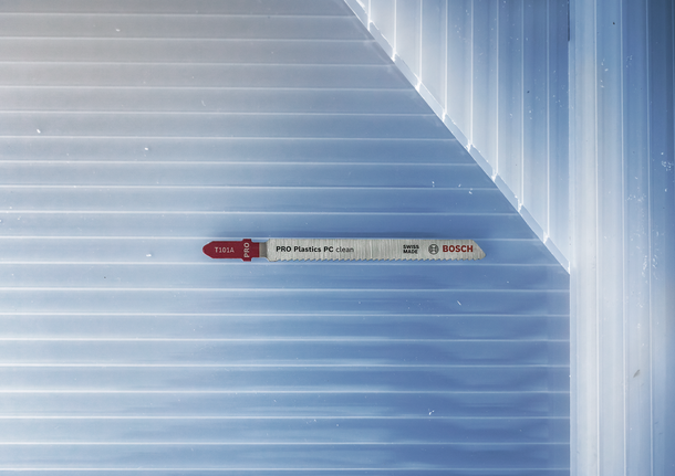 Bosch T101A jigsaw blade for clean plastic cuts.
