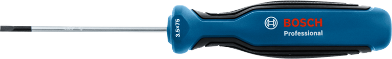 Flathead screwdriver with a blue and black handle.