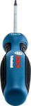 Blue and black screwdriver with a long metal shaft facing forward.