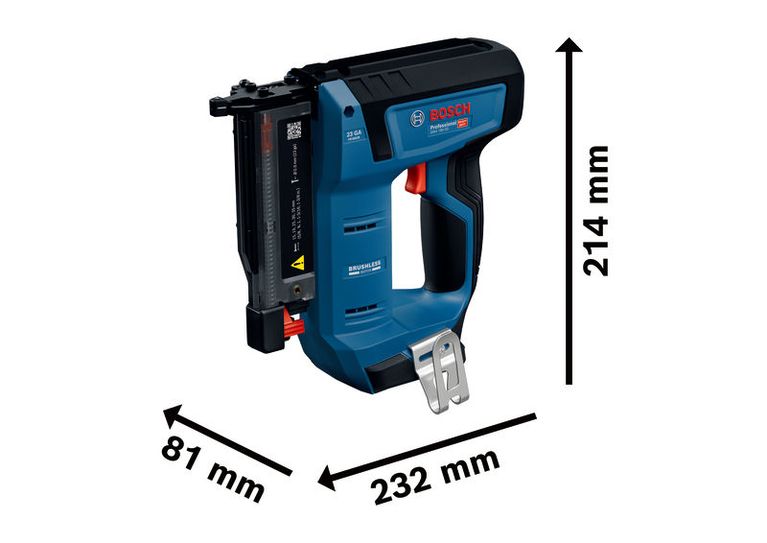 Bosch GNH 18V-35 cordless pin nailer with dimensions.