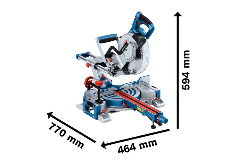 Bosch GCM 18V-216 D cordless mitre saw with dimensions.