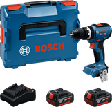 Bosch GSB 18V-65 cordless drill kit with case and batteries.