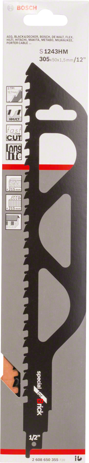Lame de scie alternative Bosch S 1243 HM en carbure pour des coupes durables.