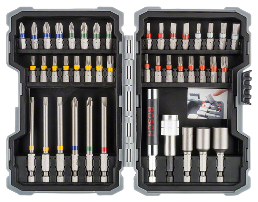 Jeu d'embouts de tournevis à percussion Bosch 43 pièces avec embouts à code couleur.