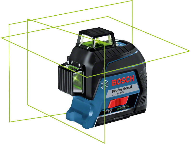 Outil de nivellement laser Bosch GLL 3-80 G avec lignes vertes à 360°.