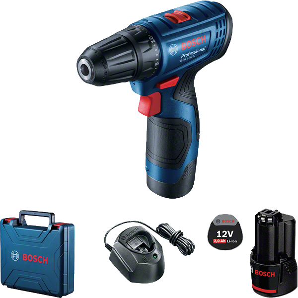 Ensemble de perceuse-visseuse sans fil Bosch GSR 120-LI avec batterie et coffret.