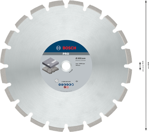 Disque diamanté Bosch PRO Asphalt 400 mm pour la coupe de l'asphalte.
