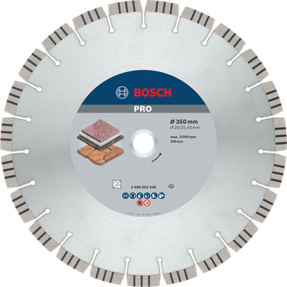 Disque diamanté Bosch PRO Stone, 350 mm pour la coupe de la pierre.