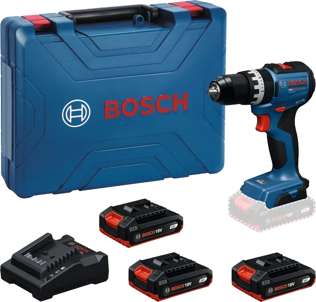 Ensemble perceuse sans fil Bosch GSB 18V-52 avec batteries et chargeur.