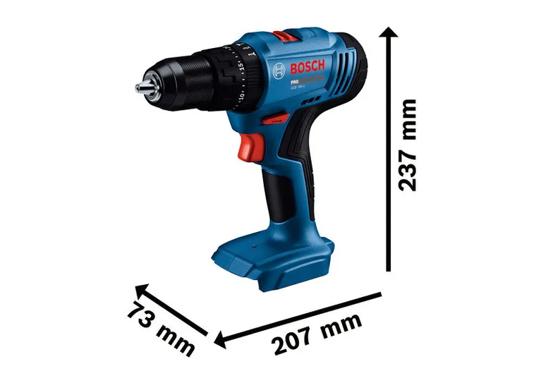 Perceuse sans fil Bosch GSB 183-LI avec dimensions indiquées.