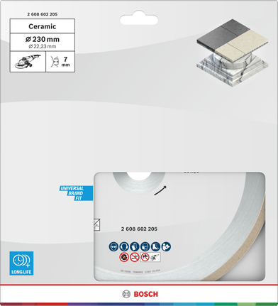 Disque à tronçonner céramique Bosch 230 mm pour travaux de carrelage.