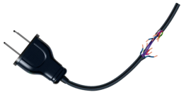 Un enchufe negro con cables de colores expuestos en el cable.