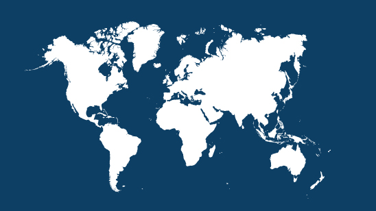 World map in white on a dark blue background, showing continents and oceans.