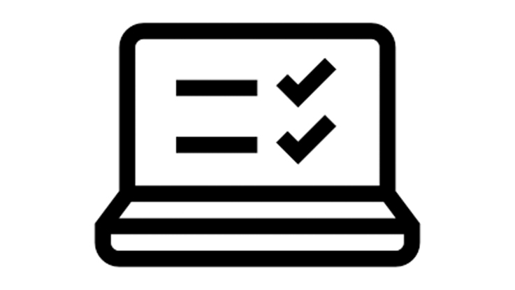 Черный значок ноутбука с двумя галочками и горизонтальной линией.