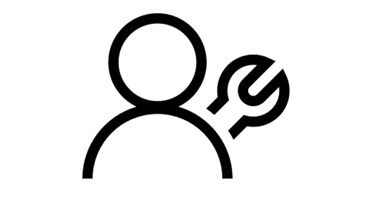 Символ человека с инструментом в руке, черно-белый.