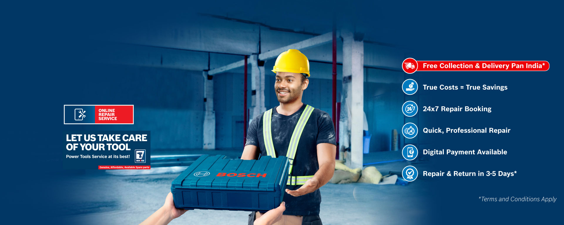 A man with a yellow helmet hands over a blue Bosch toolbox.