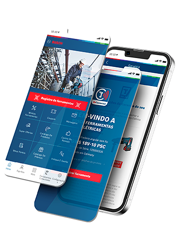 Dois smartphones com o aplicativo Bosch e imagens de ferramentas em um fundo claro.