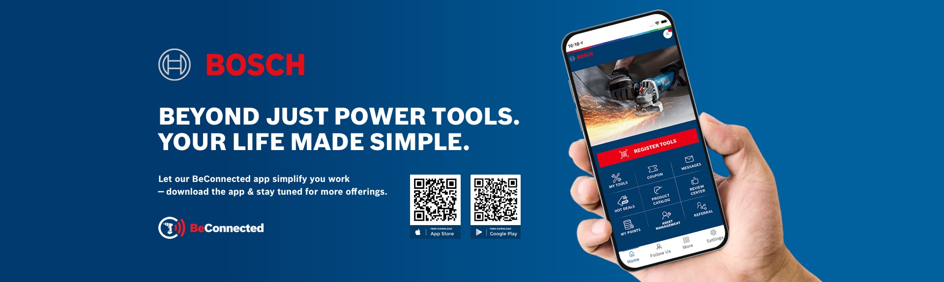 A smartphone with Bosch app in one hand against a blue background.