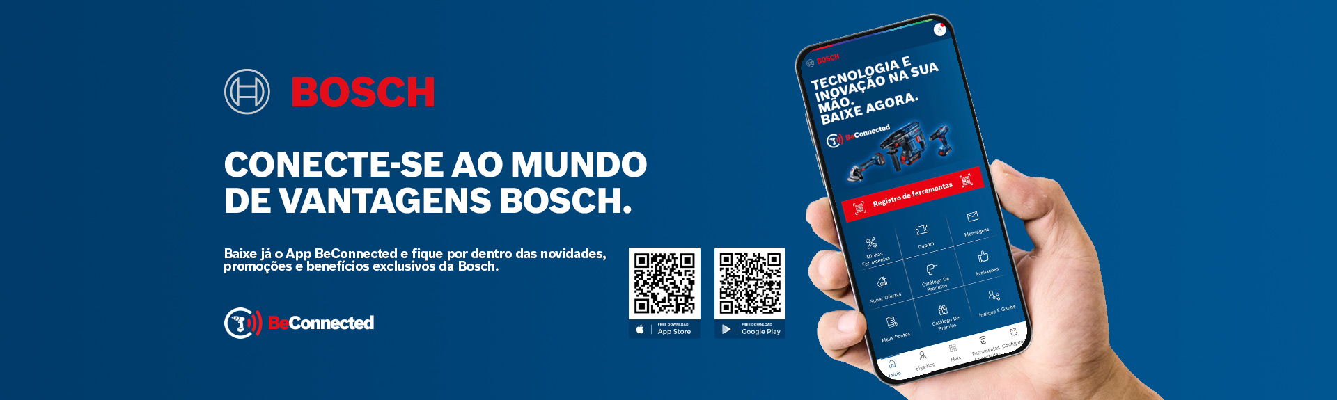Um smartphone em uma mão mostra o aplicativo Bosch em um fundo azul.