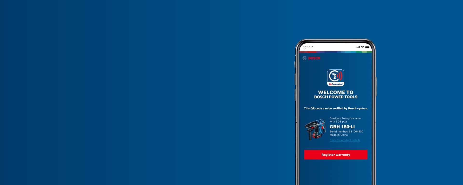 Smartphone displays Bosch Power Tools website on a blue background.