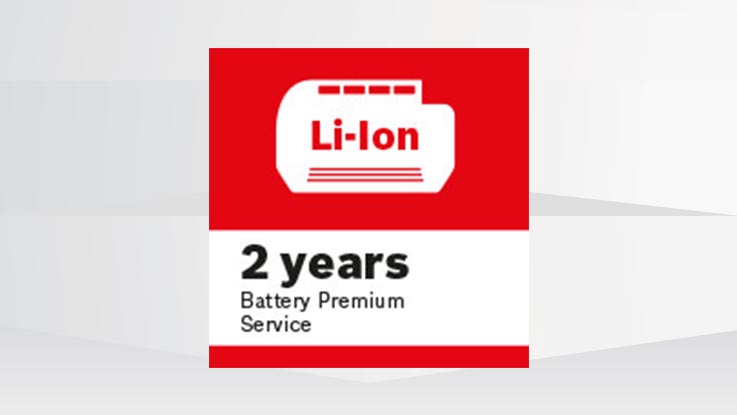 Li-Ion battery, 2 years premium service, red and black color scheme.