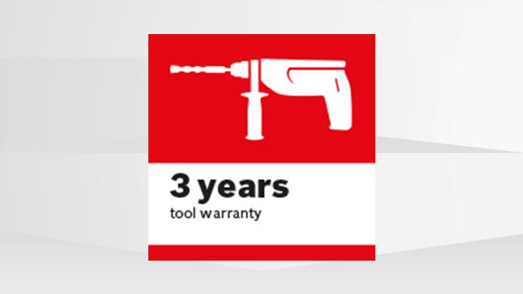 Logo with drill and "3 years tool warranty" on red background.