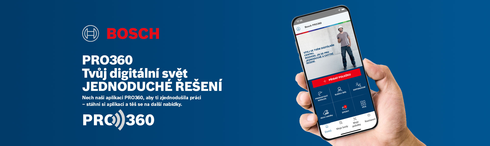 Chytrý telefon zobrazuje aplikaci Bosch PRO360 na modrém pozadí.