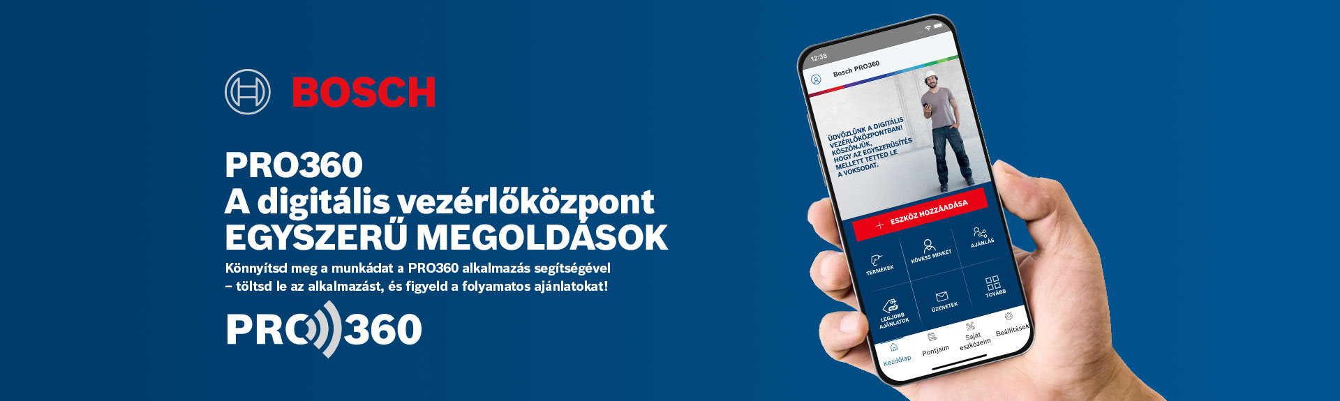 Egy kéz egy okostelefont tart, amelyen a Bosch PRO360 alkalmazás van.