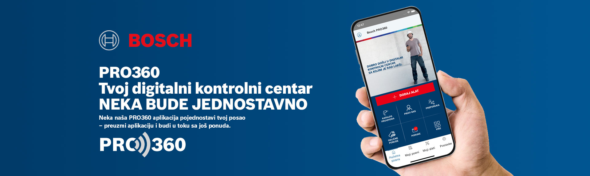 Pametni telefon prikazuje Bosch PRO360 aplikaciju na plavoj pozadini.