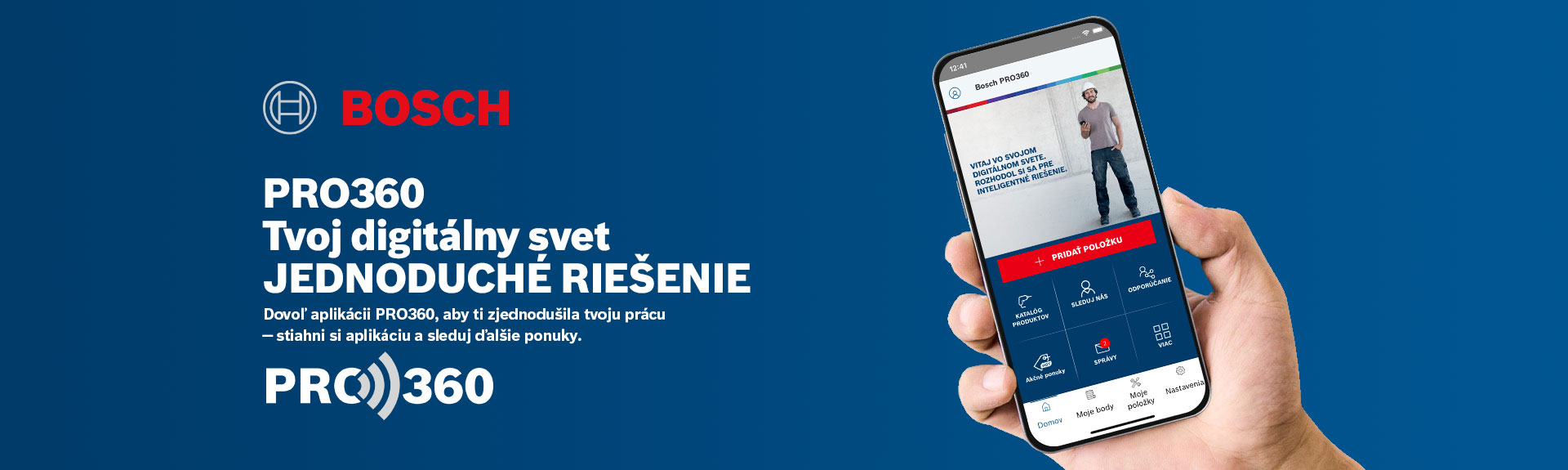 Ruka drží smartfón s aplikáciou Bosch PRO360 na modrom pozadí.