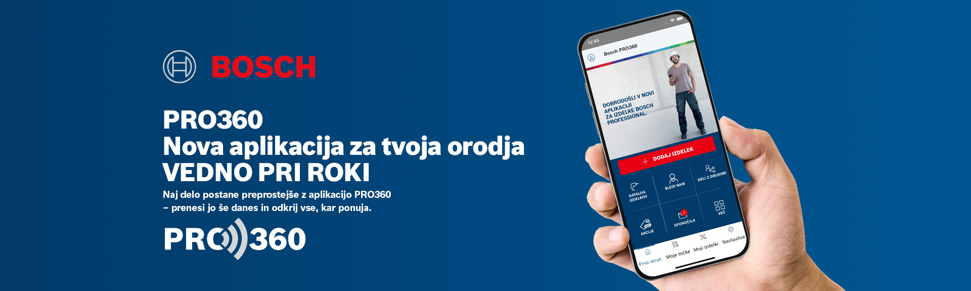 Uporabnik drži pametni telefon z aplikacijo Bosch PRO360.