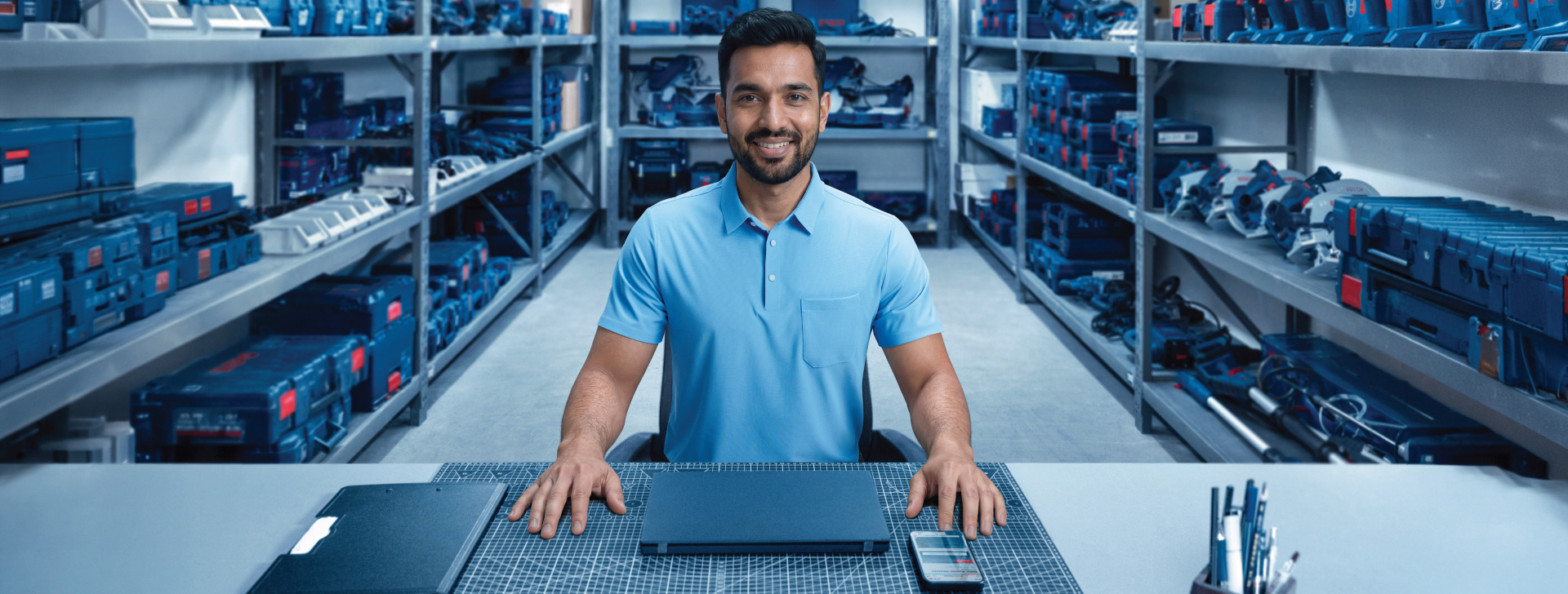 A smiling man in a light blue polo shirt sits at a table in a workshop. In the background, there are shelves with blue toolboxes. On the table are a black notebook, a smartphone, and several writing utensils. The atmosphere feels friendly and professional.