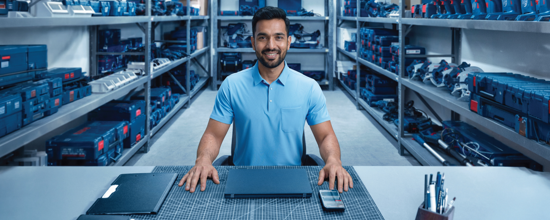 A man with dark hair and a blue polo shirt sits at a table in a warehouse full of Bosch Professional tools. He holds a smartphone in his hand that displays an app. In the background, shelves with blue toolboxes and equipment can be seen. A friendly, productive atmosphere prevails.