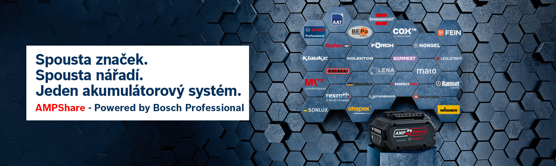 Akumulátor Bosch Professional před šestiúhelníkovým vzorem s logy.